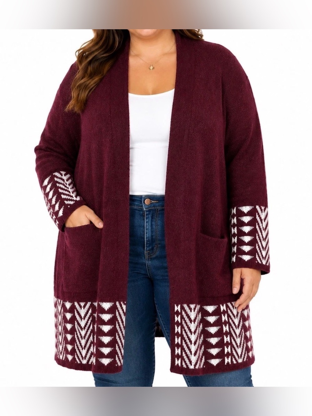 Frye Open Front Cardigan Sweater XXL Burgundy Fair Isle Duster Cozy Boho Layer